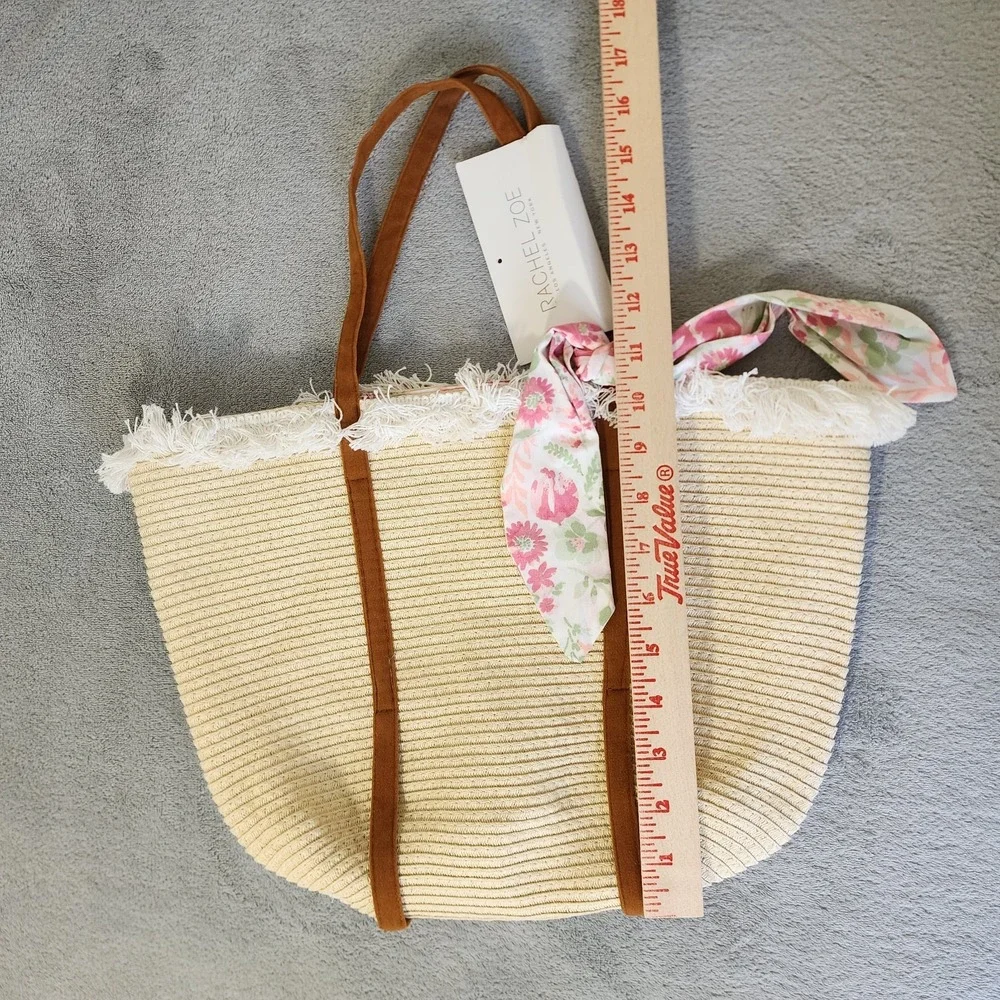 Rachel Zoe Bag Woven Raffia With Pink Floral Tie and Fringe Detail on Top